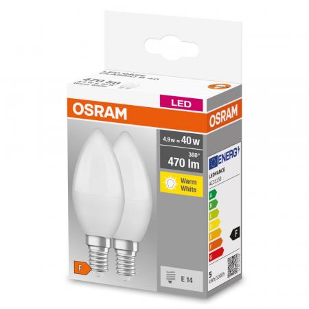 10 x Doppelpack OSRAM E14 LED Base Classic Lampen Kerzenform matt 4,9W wie 40W warmweißes Licht